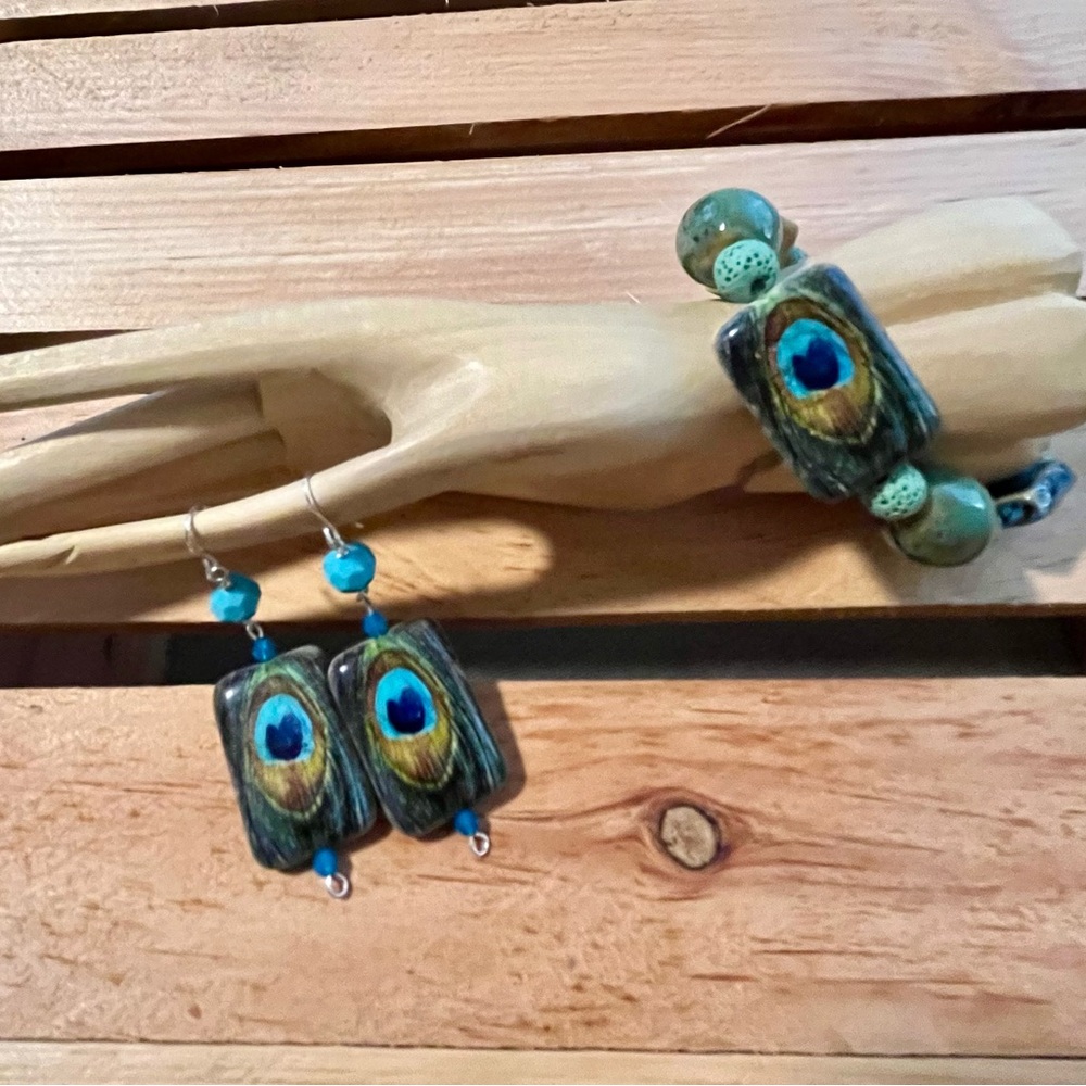 Handmade resin and pottery Peacock Earring and Bracelet set.